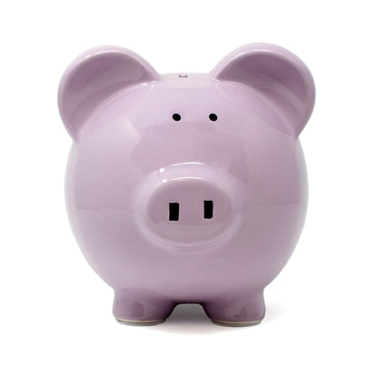 Front view of lavender piggy bank with minimalist black eyes and nostrils