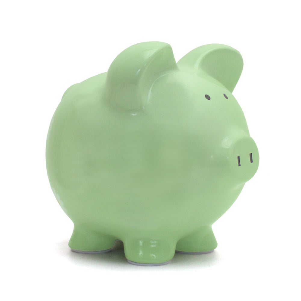 Large mint green ceramic piggy bank front angle view