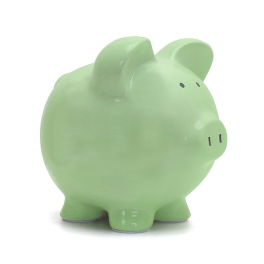 Large mint green ceramic piggy bank front angle view
