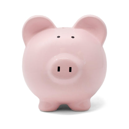 Pink ceramic piggy bank front view with black painted eyes and nose