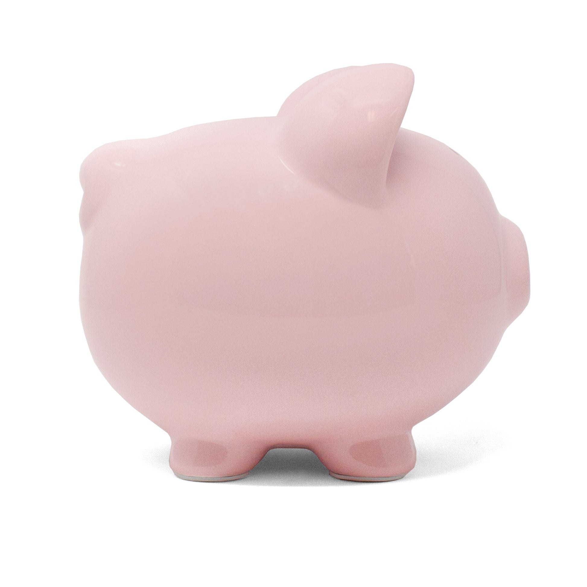 Right side view of pastel pink piggy bank showing smooth glossy finish