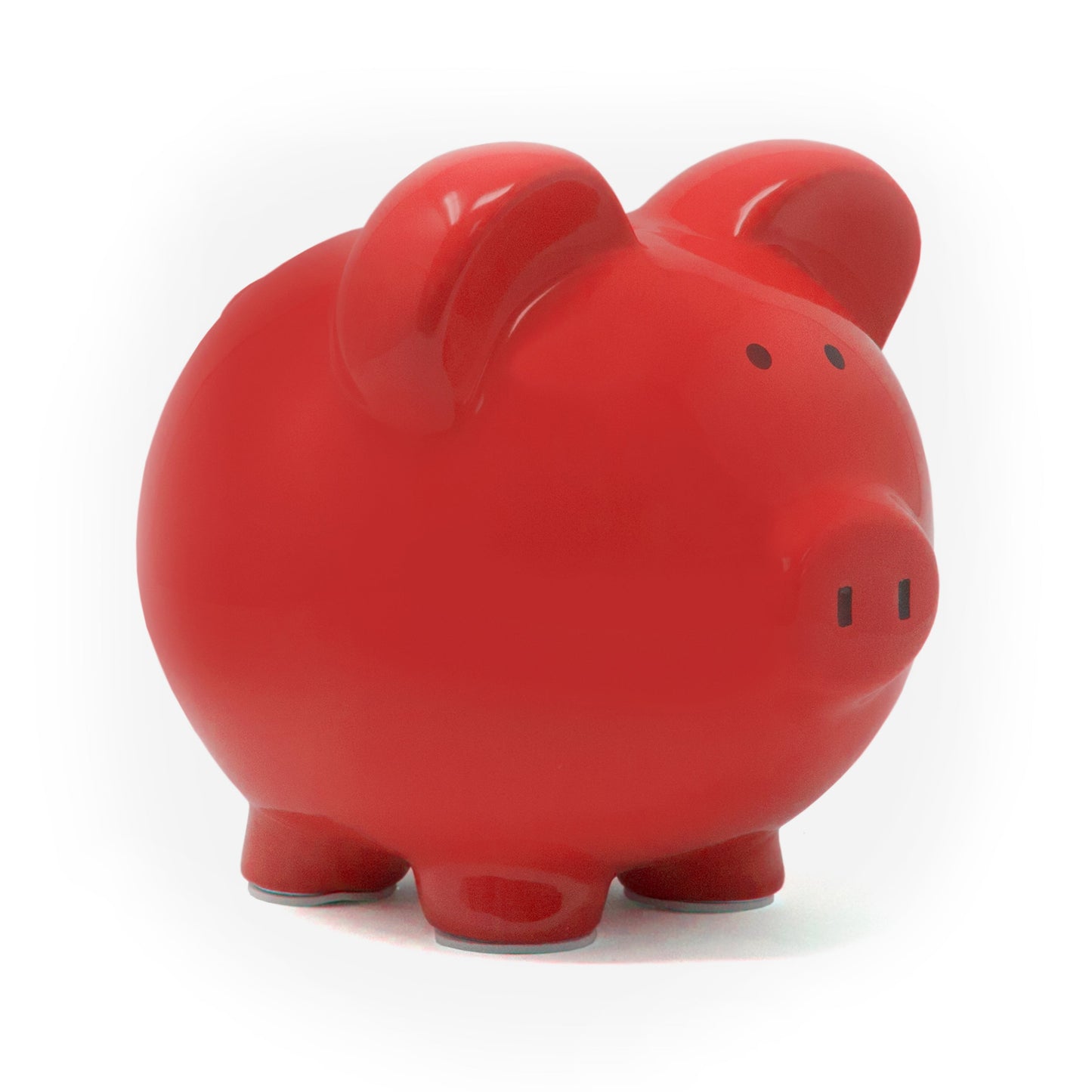 Large red glossy ceramic piggy bank angled view showing side and front details