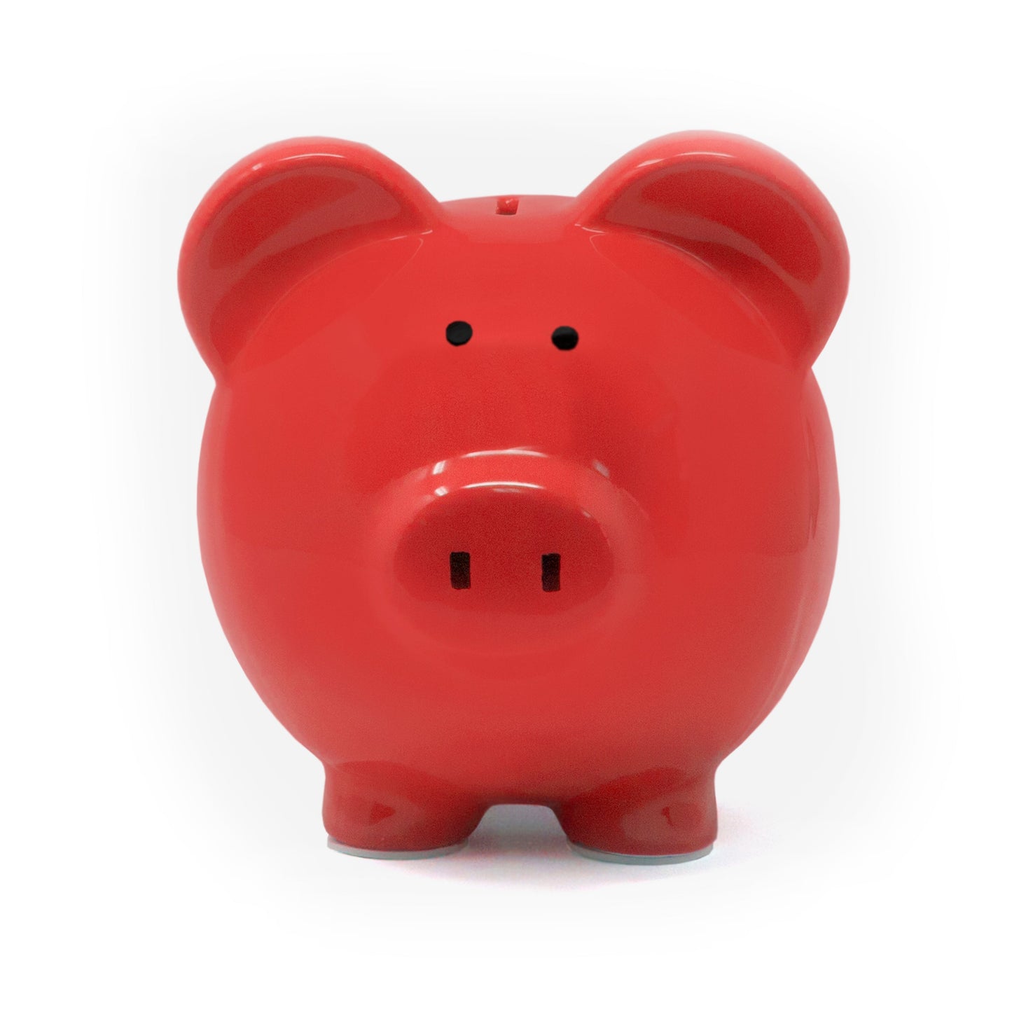 Front view of a shiny red piggy bank with black painted eyes and nose details