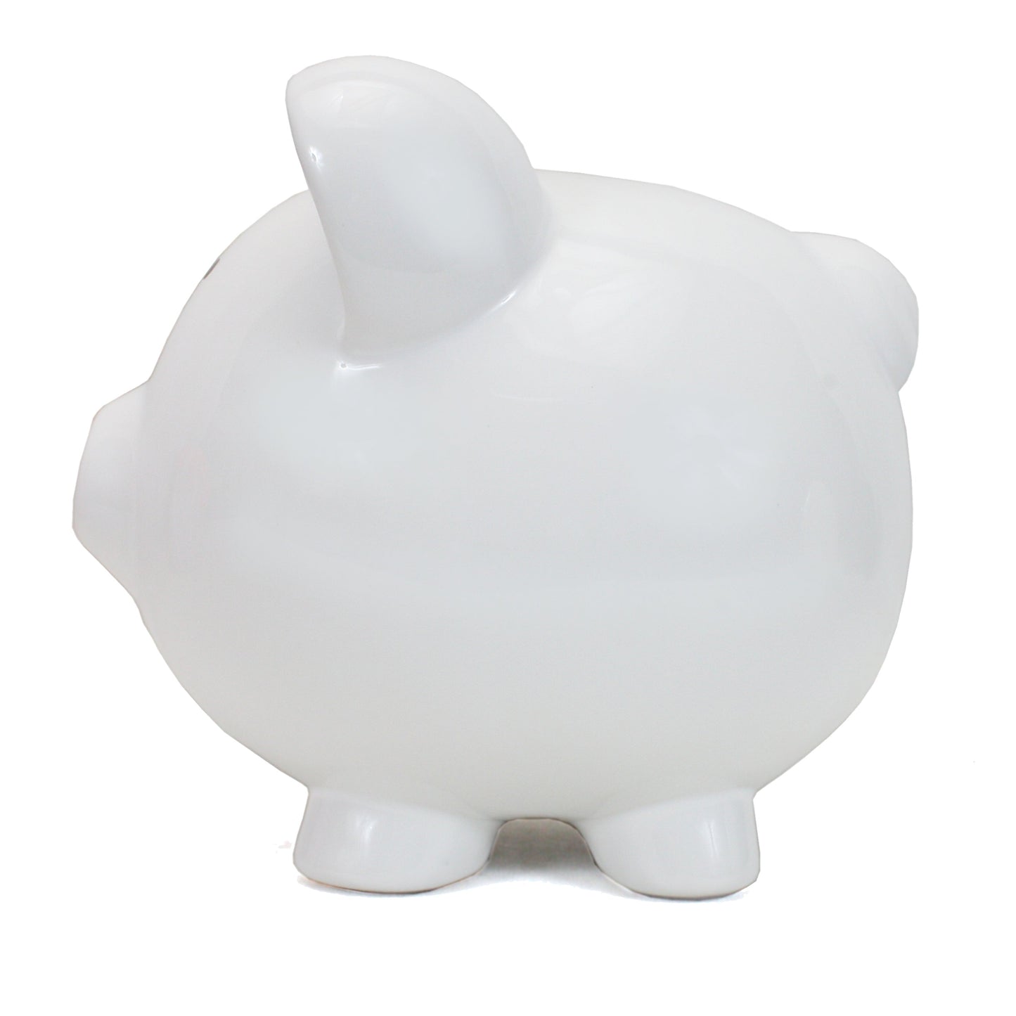 White ceramic piggy bank side profile showing glossy surface and curved ears