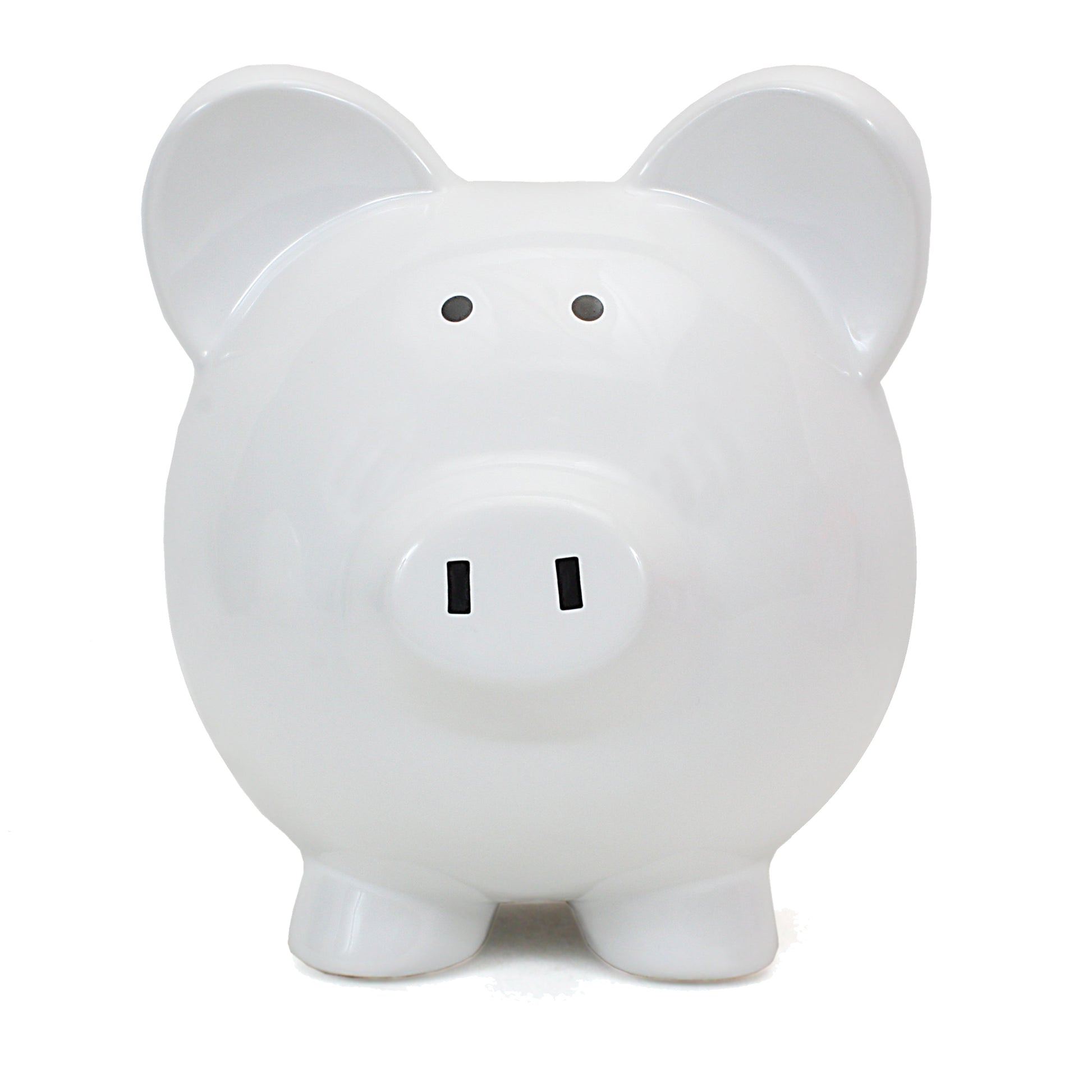 White ceramic piggy bank side view displaying solid shape and ears