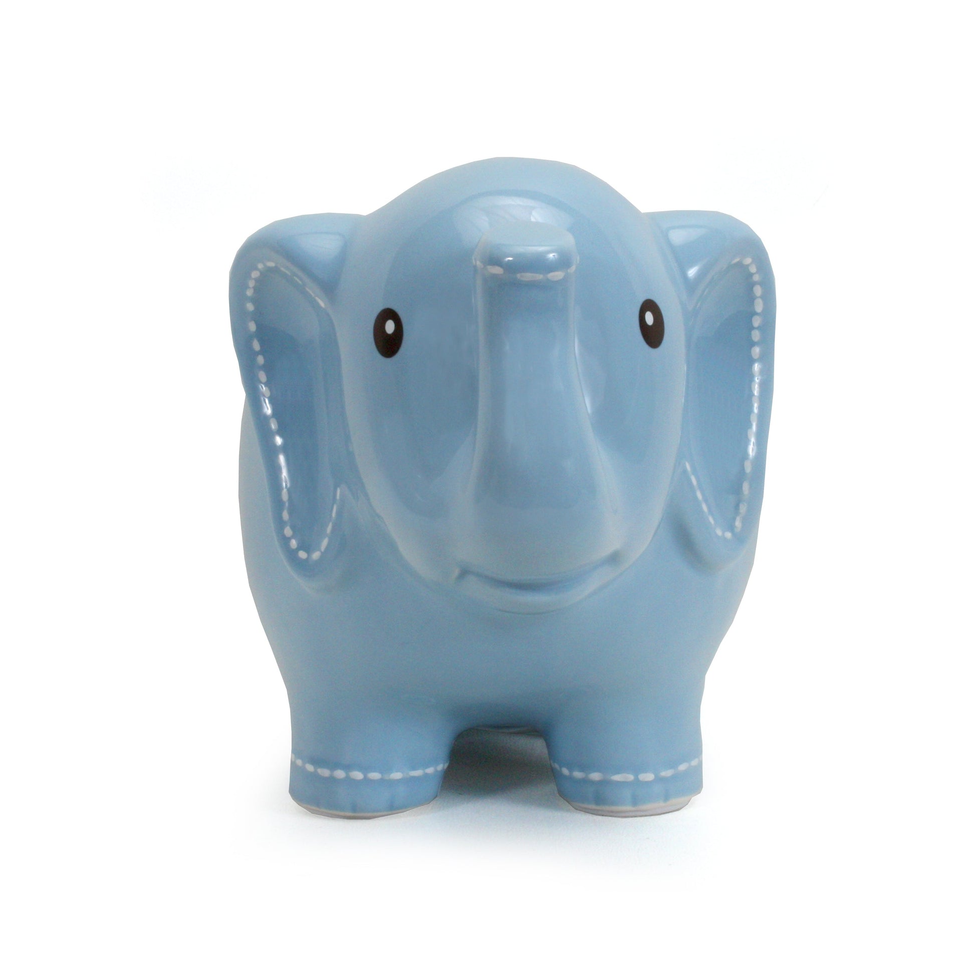 Front view of smiling large blue elephant piggy bank with stitched ears