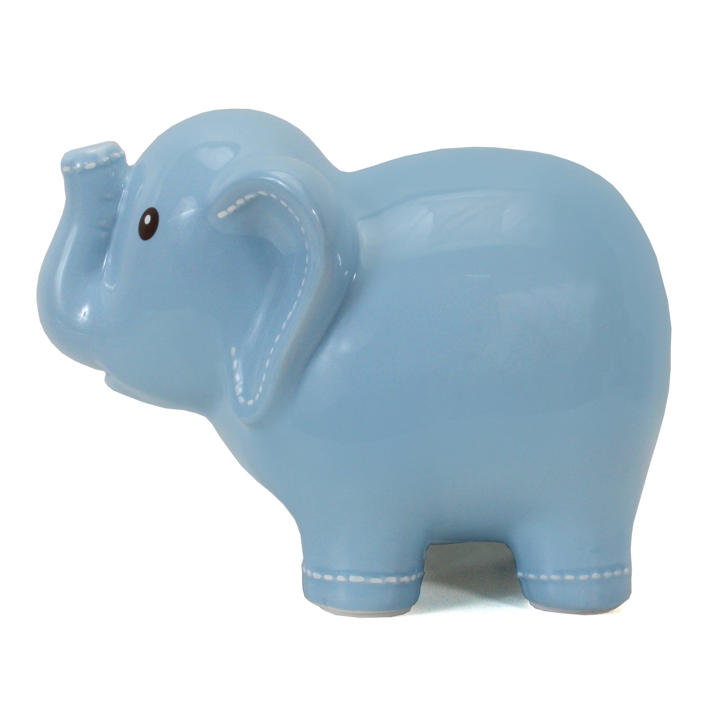 Right side view of blue elephant money bank with raised trunk and stitched details