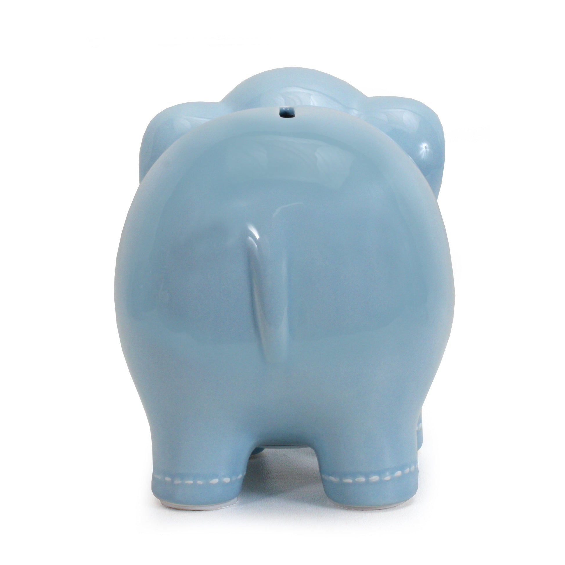 Rear view showing the coin slot on large blue elephant piggy bank