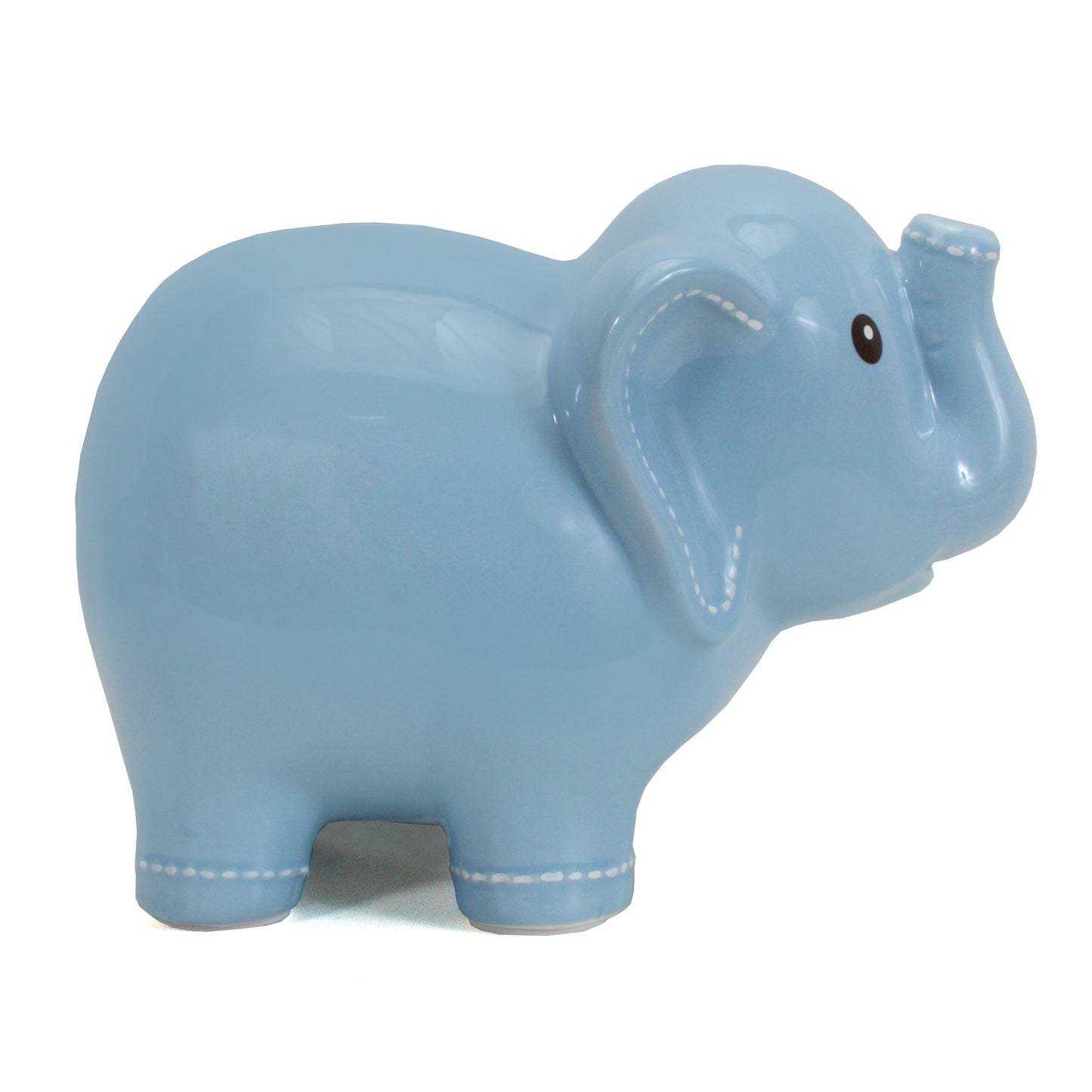 Left side view of glossy blue elephant piggy bank with stitched accents