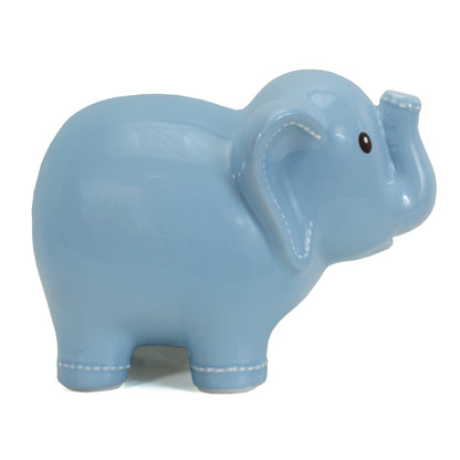 Left side view of glossy blue elephant piggy bank with stitched accents