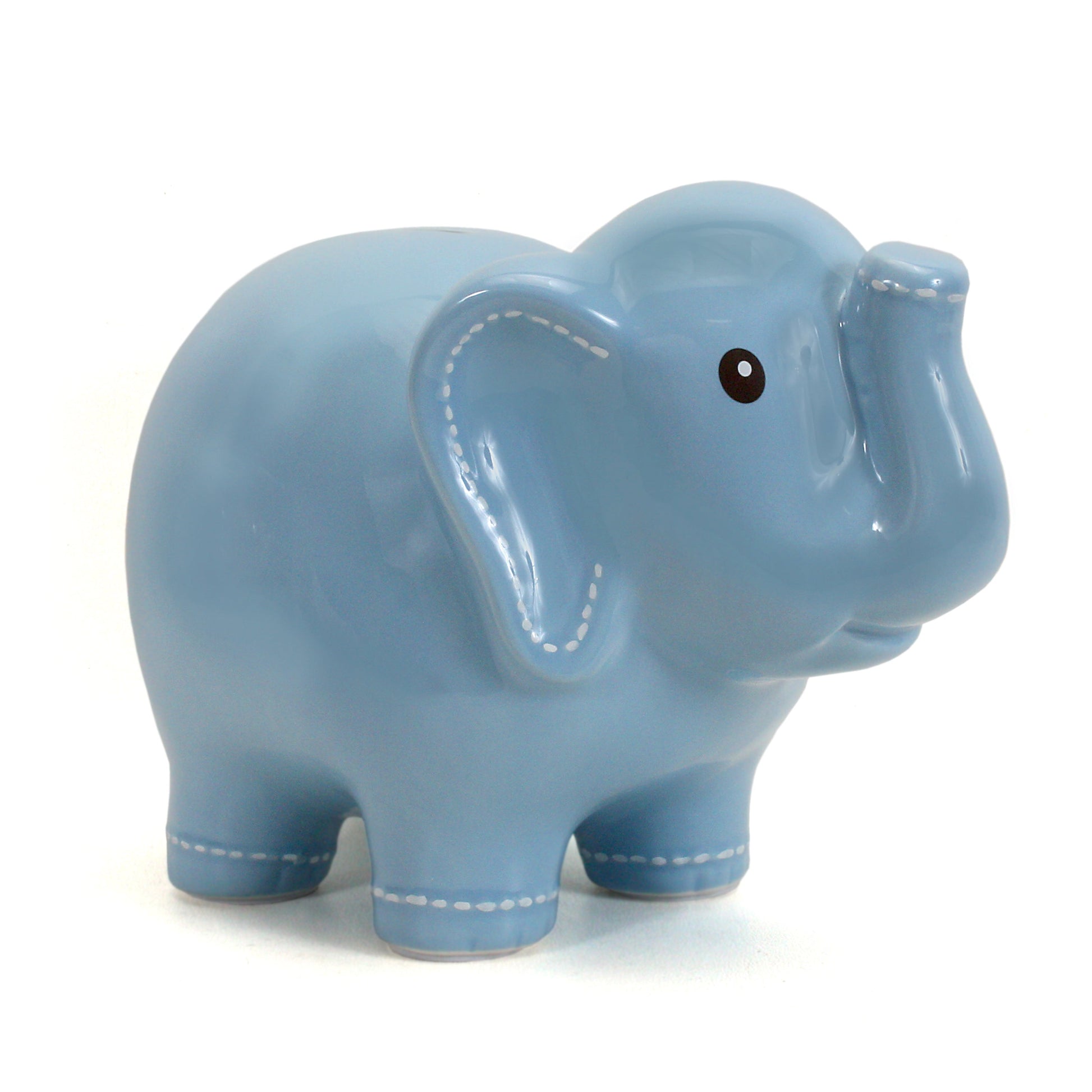 Side view of large blue elephant piggy bank with white stitched detailing