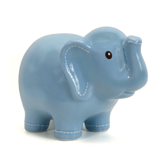 Side view of large blue elephant piggy bank with white stitched detailing