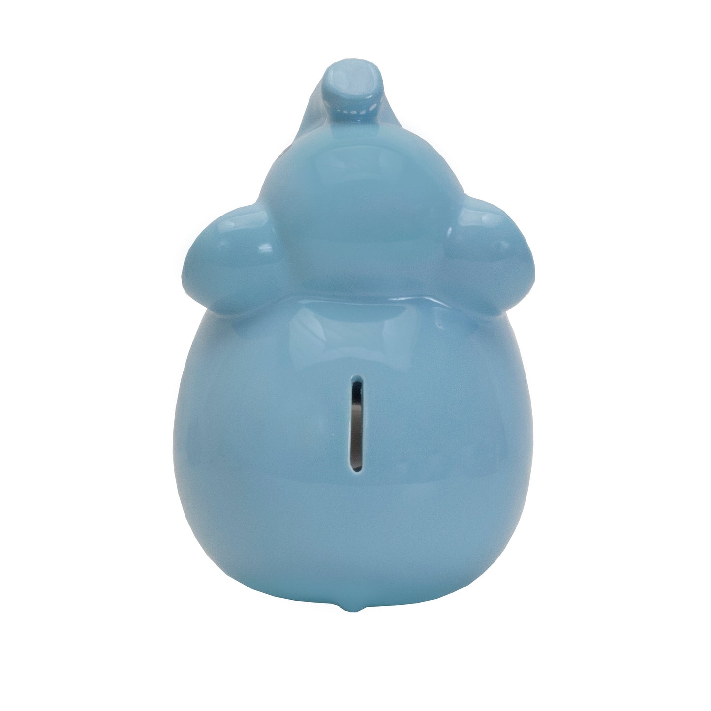 Top view showing coin slot on handpainted blue elephant piggy bank