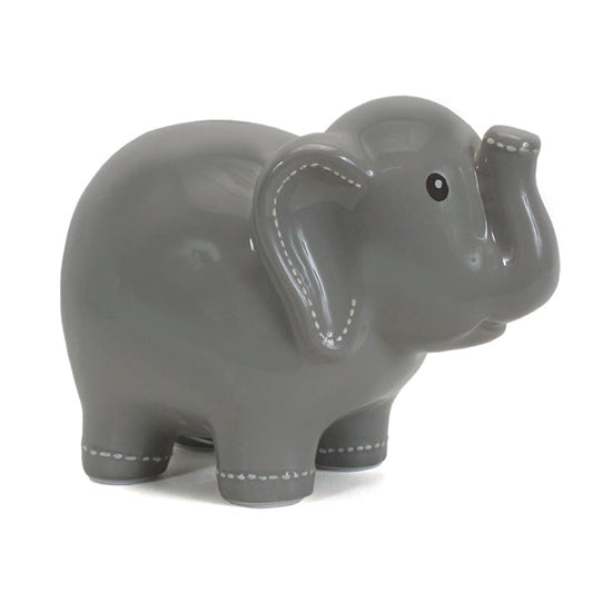 Side view of large handpainted grey elephant ceramic piggy bank with white stitched accents