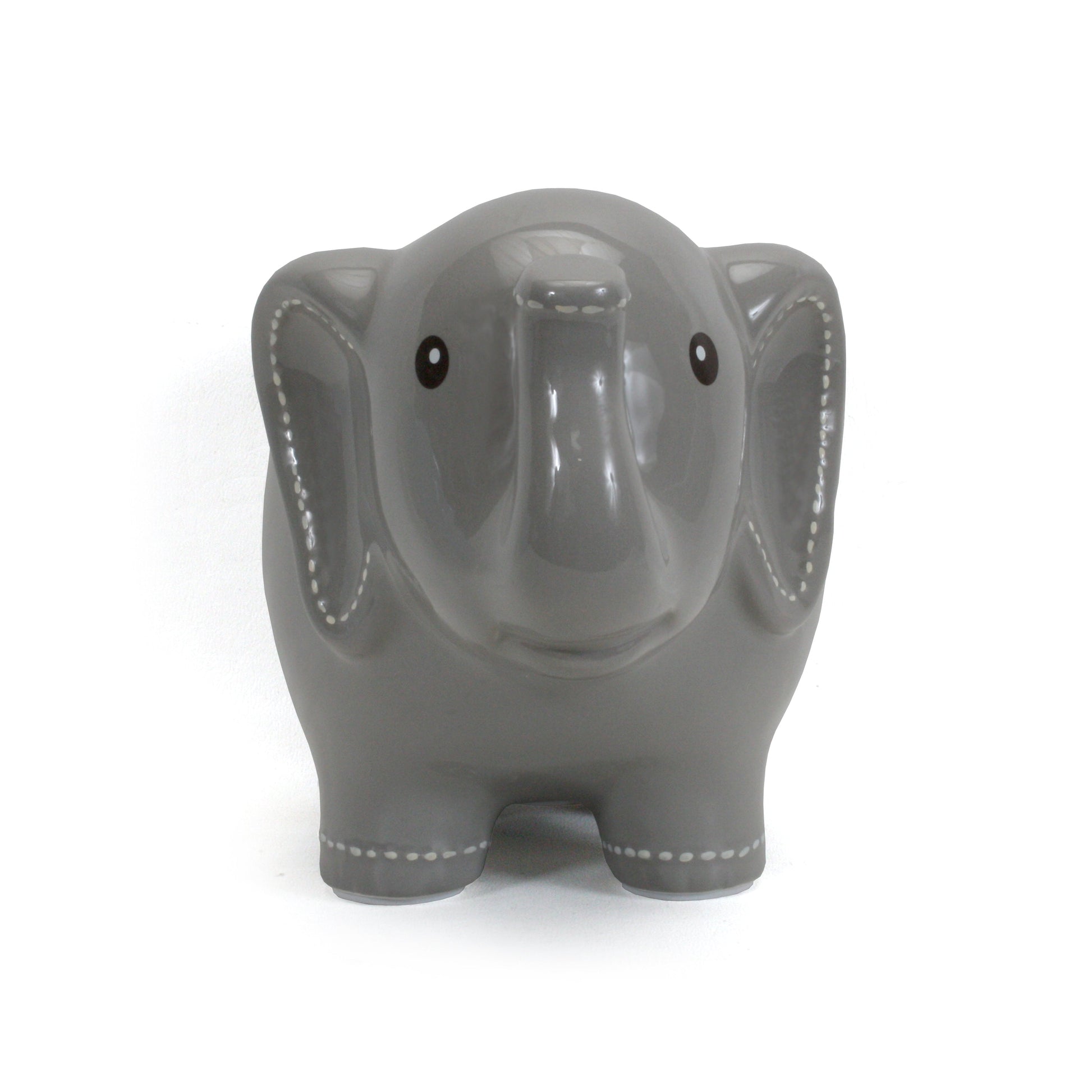 Front view of large grey elephant bank showing detailed eyes and stitched ears