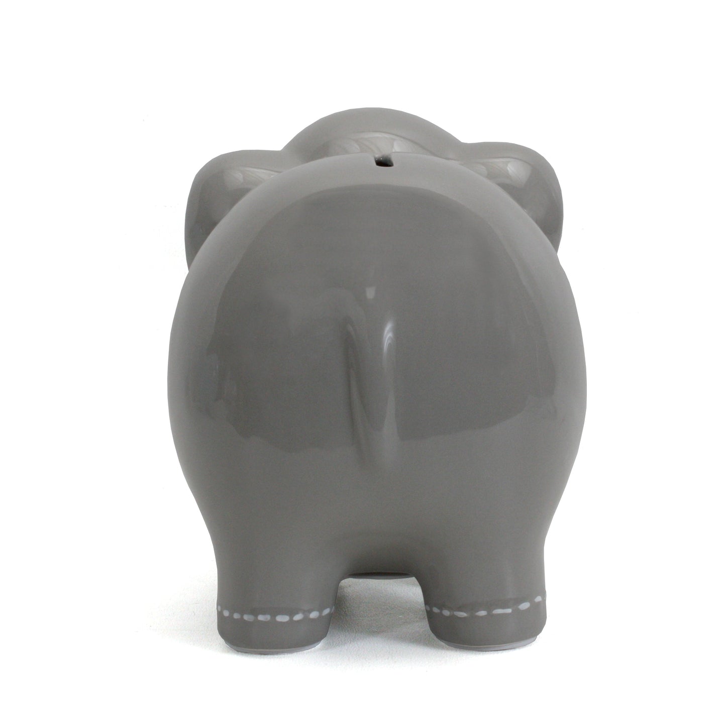 Back view of large grey elephant piggy bank with visible coin slot and stitched foot details