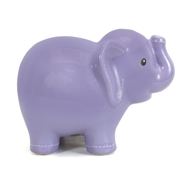 Side profile of large lavender elephant-shaped ceramic bank showing smooth glaze finish
