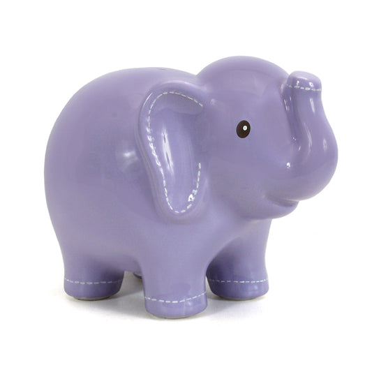 Front angled view of large lavender ceramic elephant piggy bank with stitched details