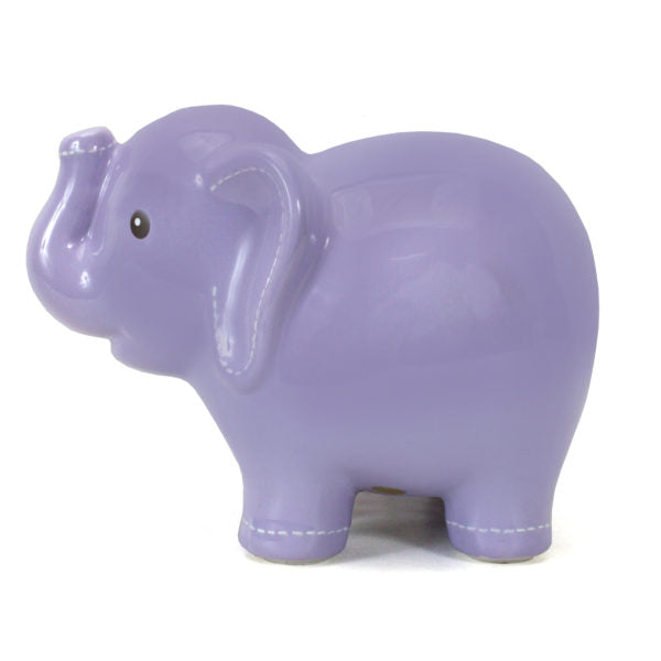 Opposite side profile of lavender elephant piggy bank highlighting handpainted stitched accents