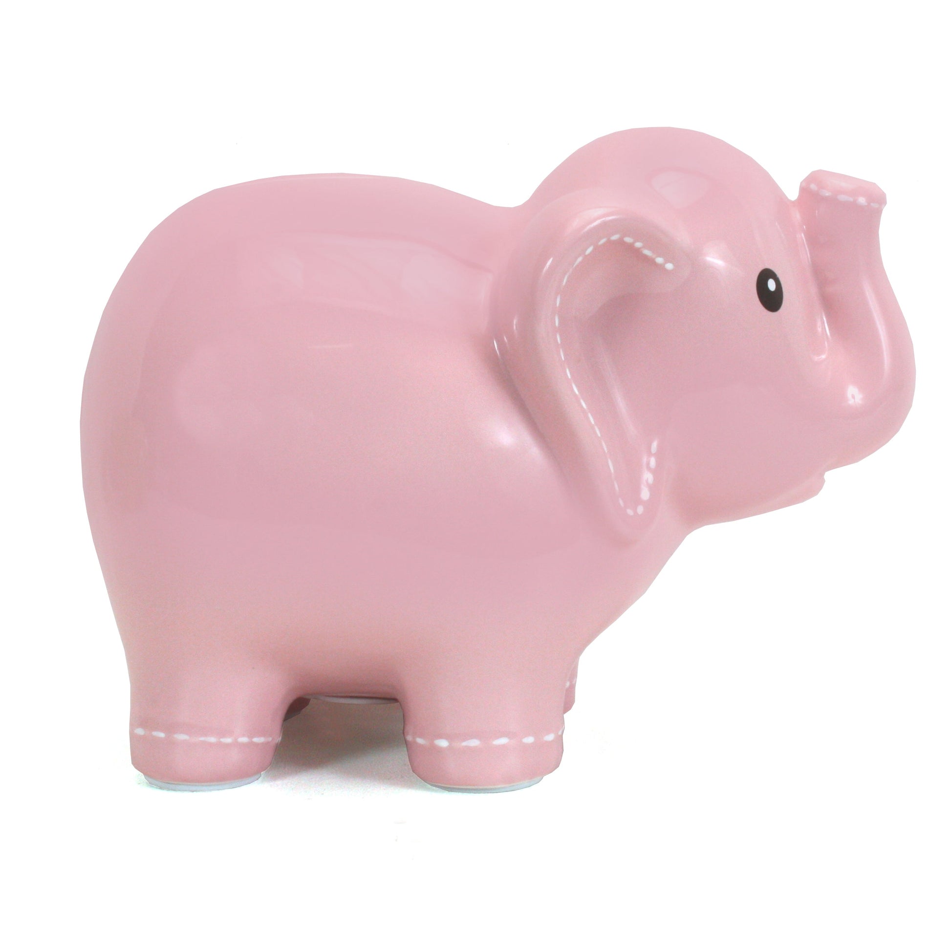 Front right side view of large pink elephant piggy bank highlighting smooth glossy finish