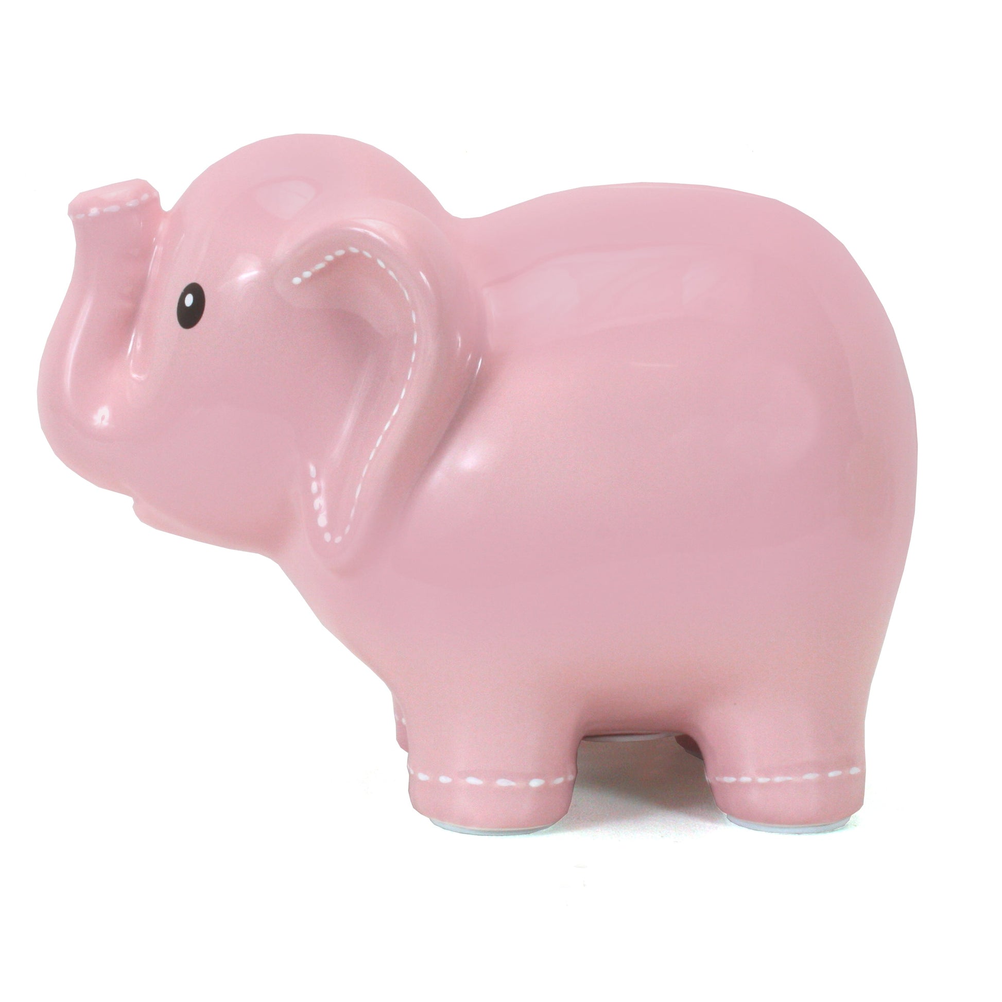Right profile view of pink elephant shaped ceramic bank with decorative stitches