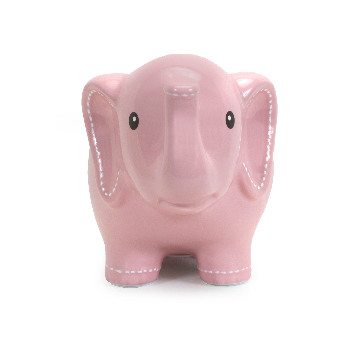 Front view of pink ceramic elephant bank with black eyes and decorative white stitching