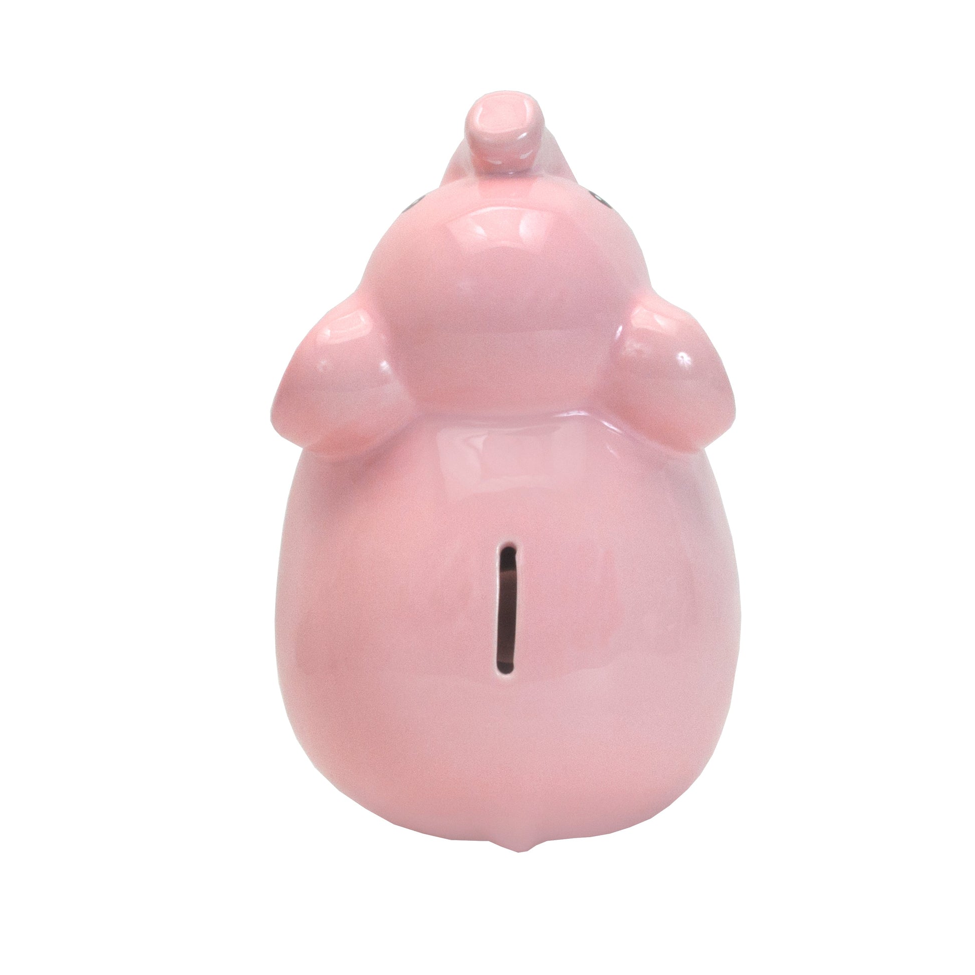Top view of pink ceramic elephant piggy bank showing coin insertion slot