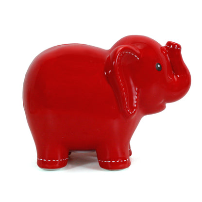 Side view of large red elephant bank with rounded shape and shiny glazed surface