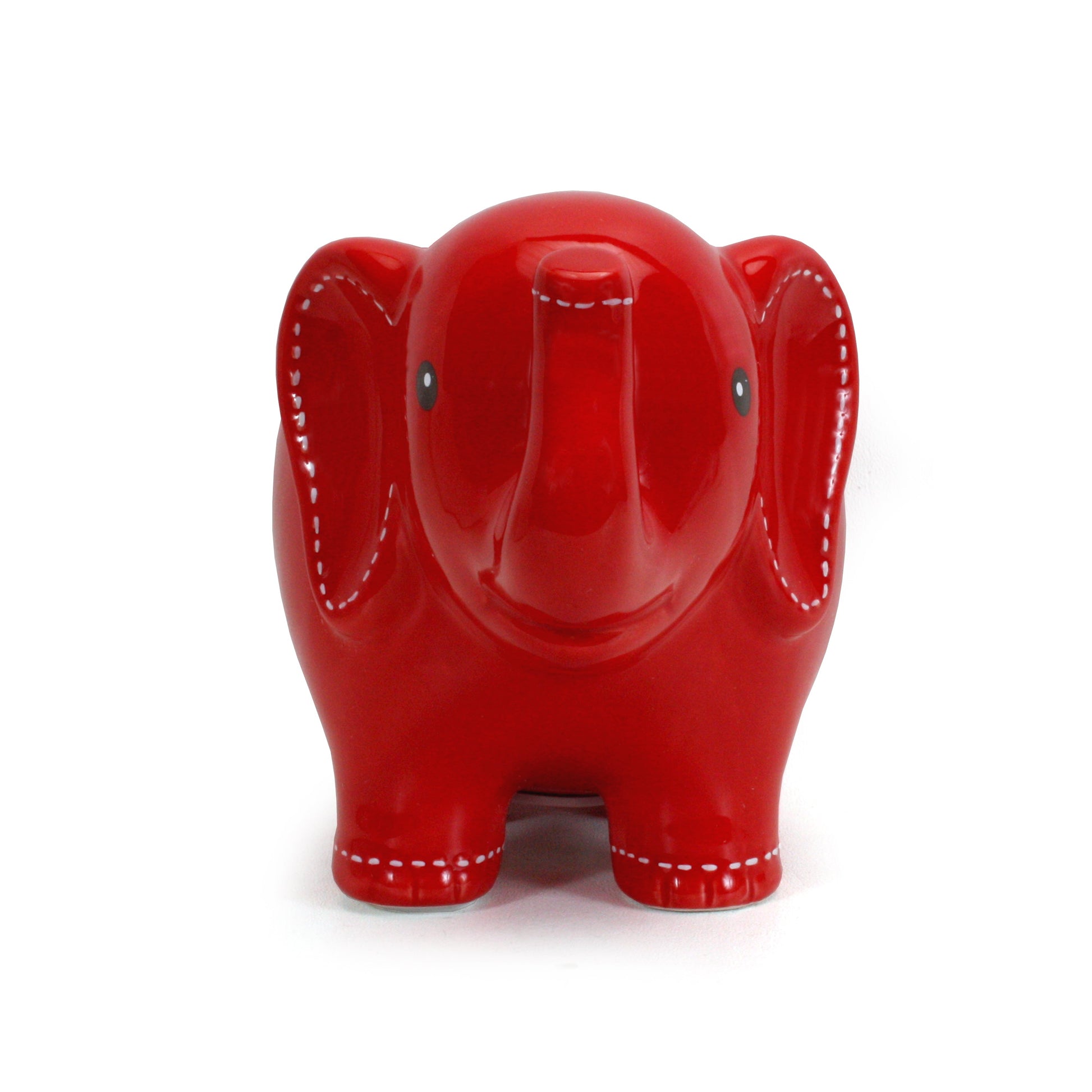 Front view of large red elephant coin bank with raised trunk and hand painted white stitching