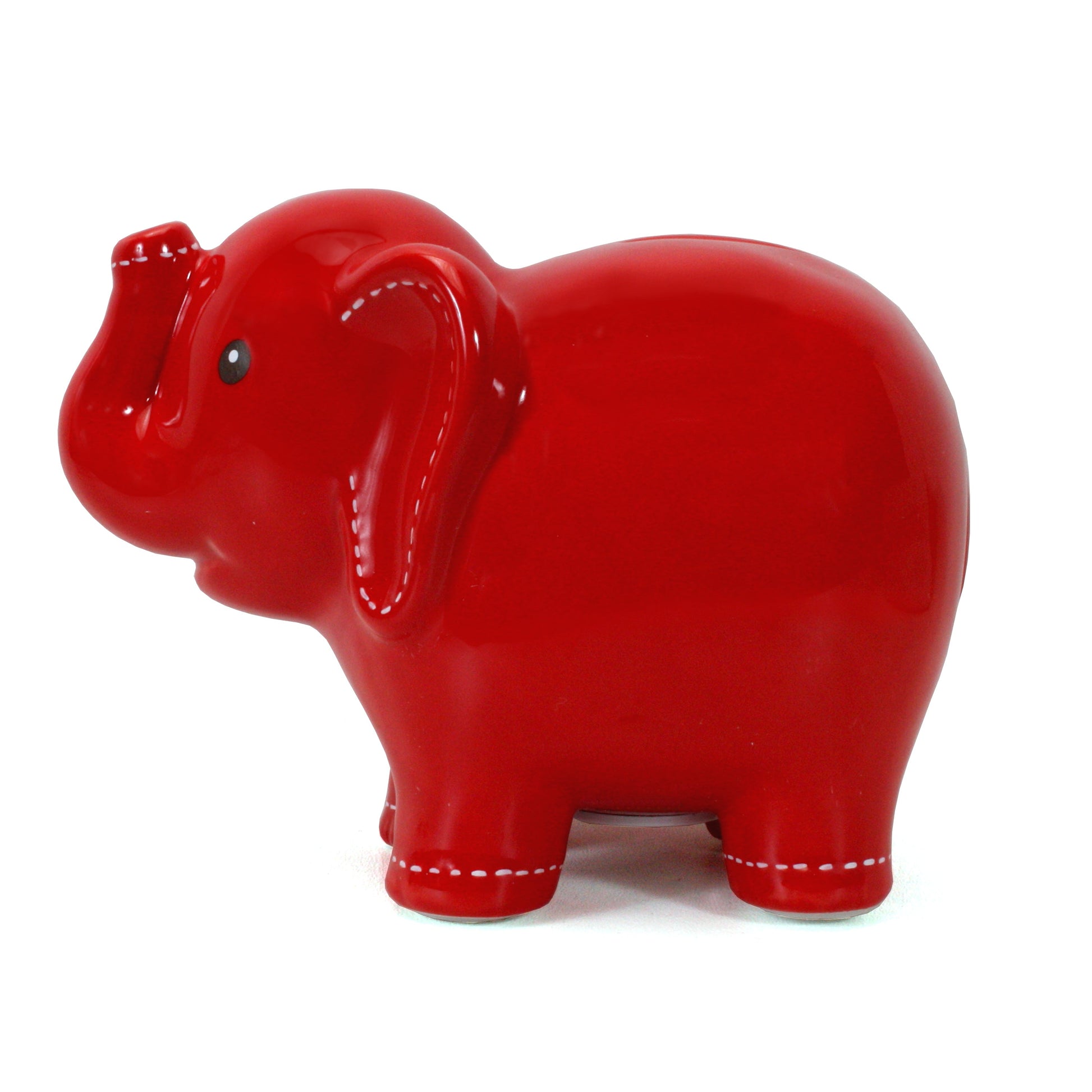 Opposite side view of the playful red elephant coin bank featuring handpainted accents