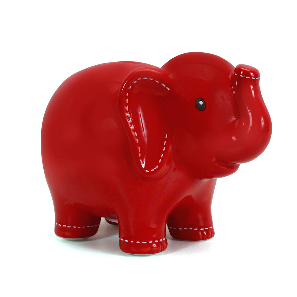 Large red elephant shaped ceramic piggy bank with white stitched details on ears and feet