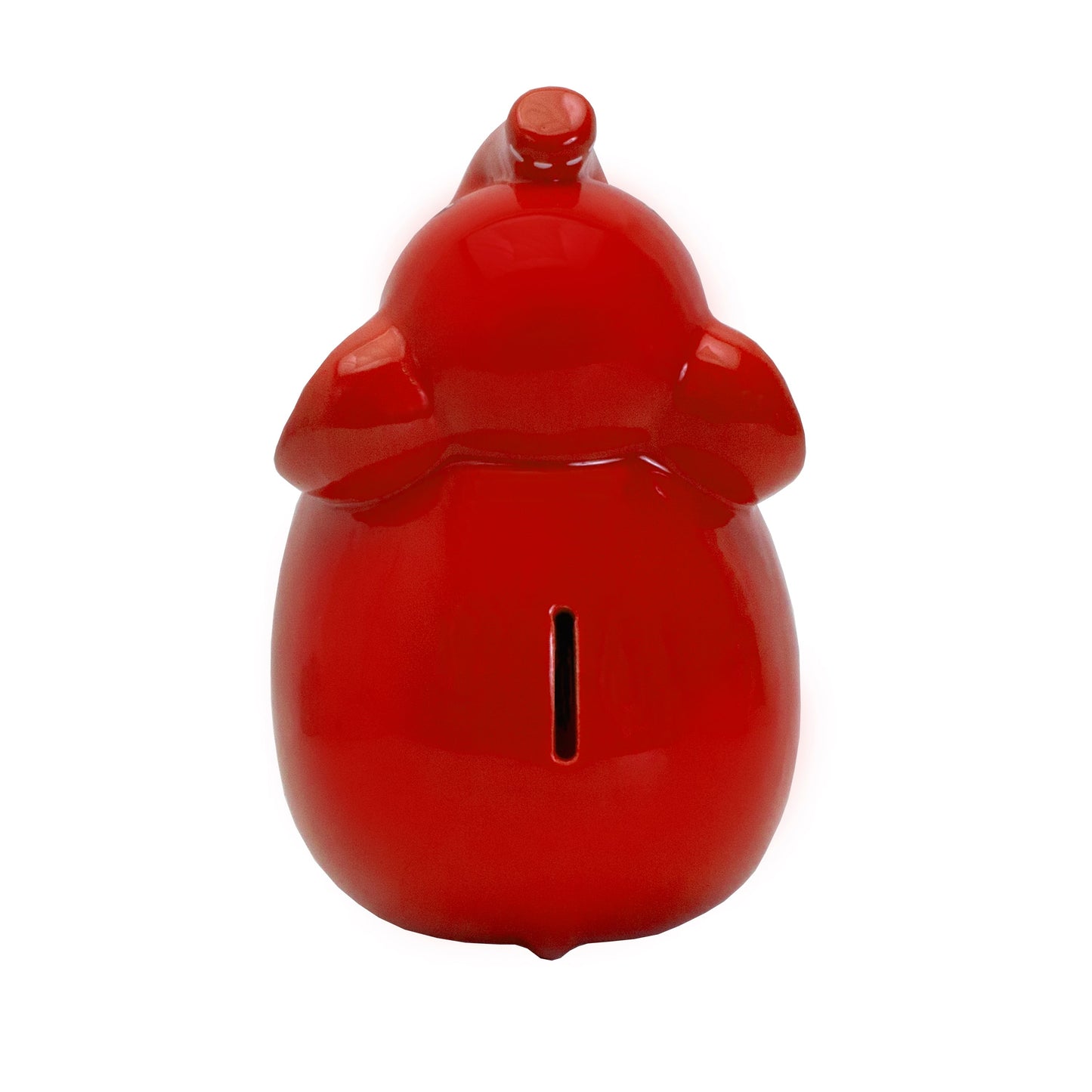 Top view of red elephant piggy bank showing coin slot on the back