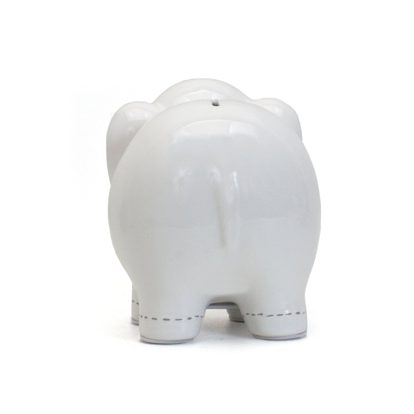 Back view of large white elephant money jar showing glossy ceramic finish