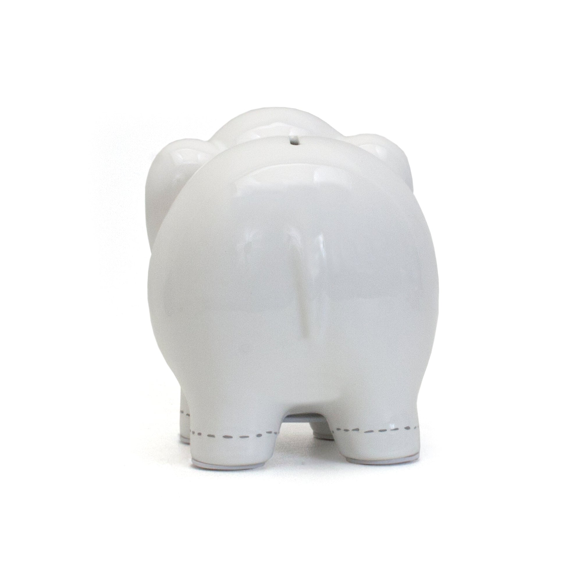Back view of large white elephant money jar showing glossy ceramic finish