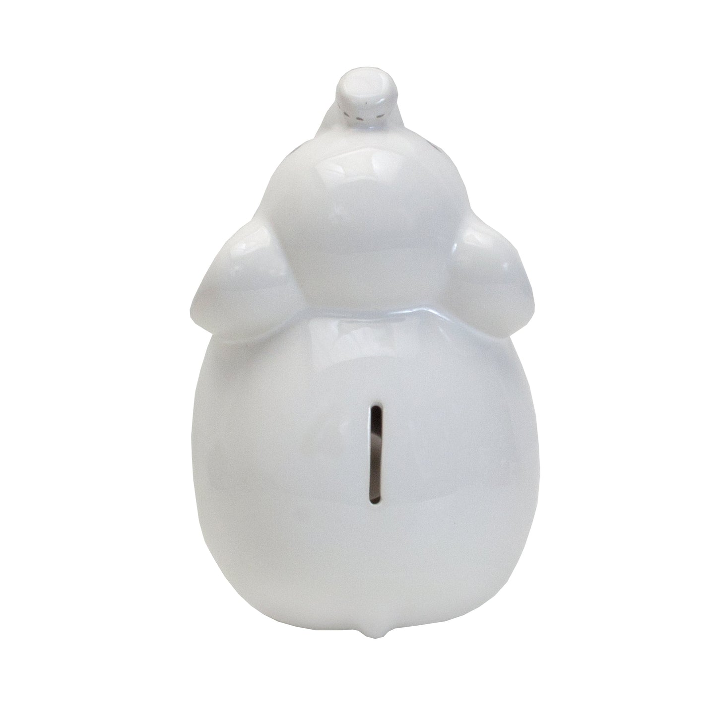 Top view of white elephant bank showing coin slot and smooth ceramic body