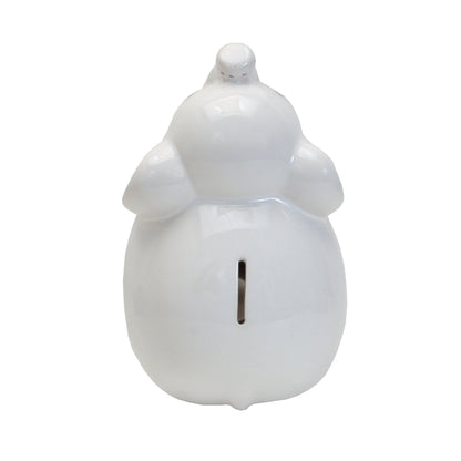 Top view of white elephant bank showing coin slot and smooth ceramic body