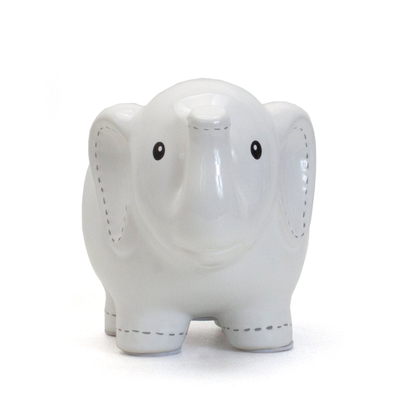 Front view of large white stitched elephant piggy bank with black eyes