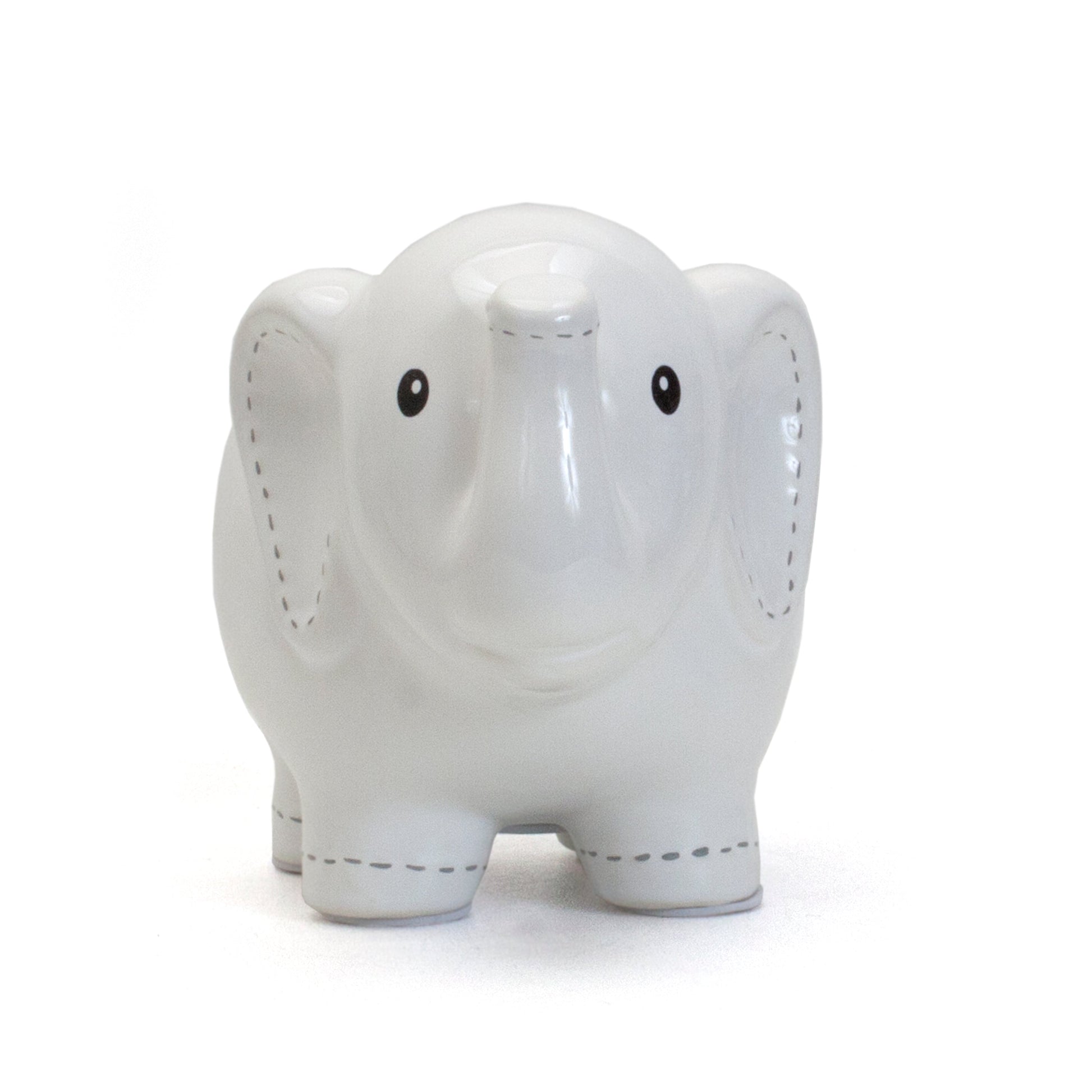 Front view of large white stitched elephant piggy bank with black eyes