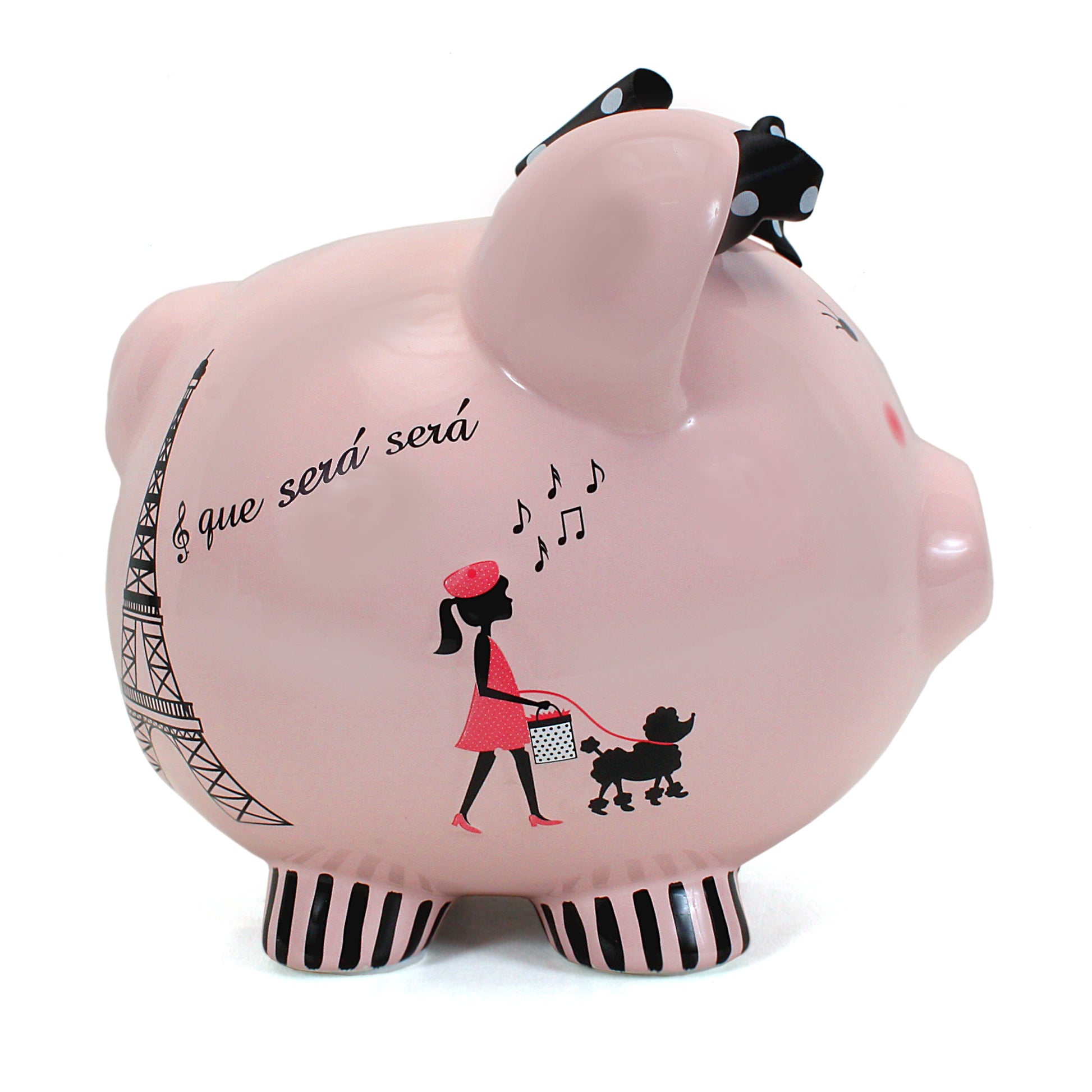 Right-side view featuring girl with poodle and musical notes, decorative text, and striped feet
