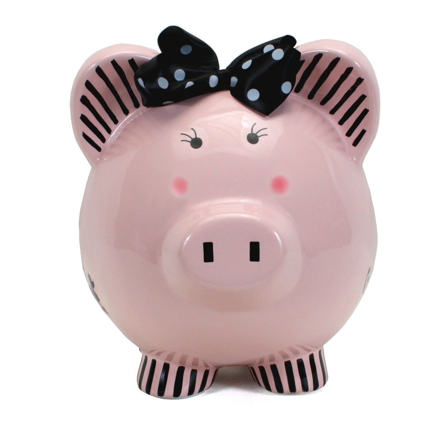 Front view of pink Miss Madeleine piggy bank smiling with black eyelashes and rosy cheeks