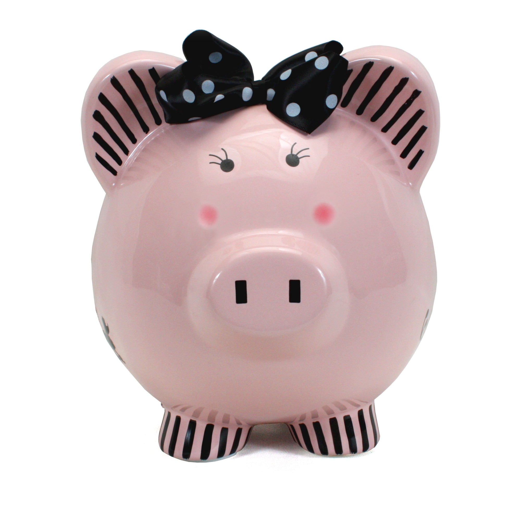 Front view of pink Miss Madeleine piggy bank smiling with black eyelashes and rosy cheeks