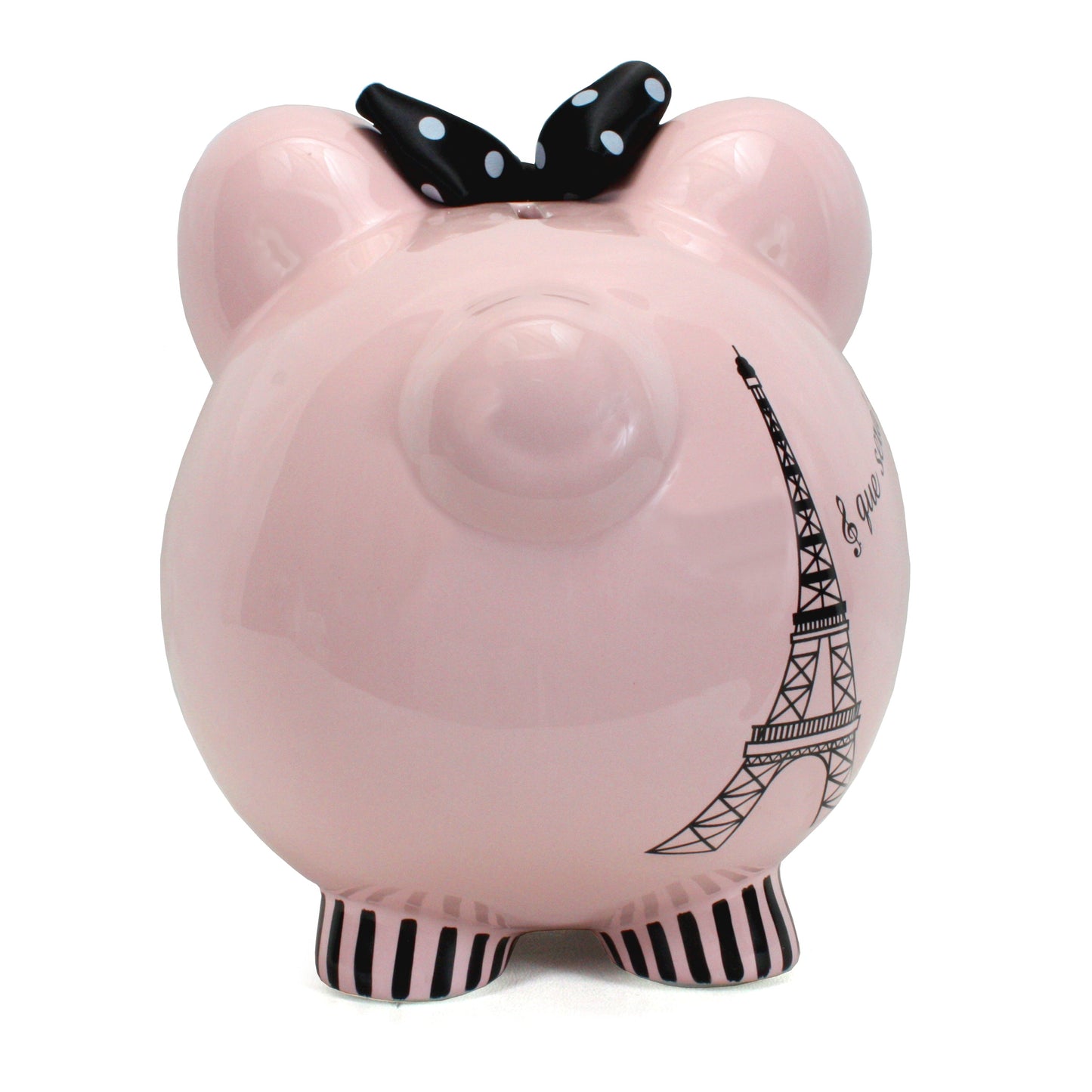 Back view of Miss Madeleine piggy bank showing smooth pink finish and Eiffel Tower design