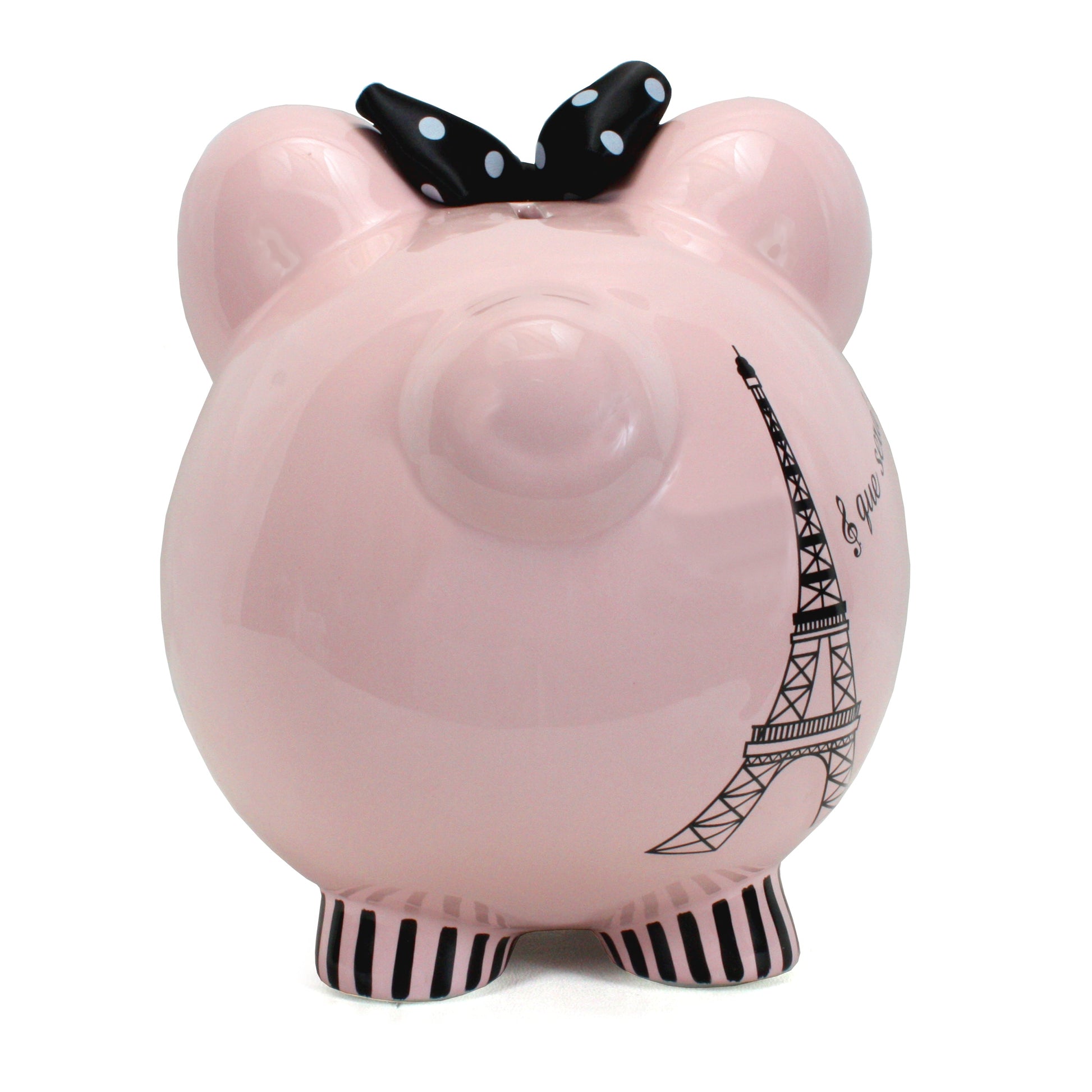 Back view of Miss Madeleine piggy bank showing smooth pink finish and Eiffel Tower design