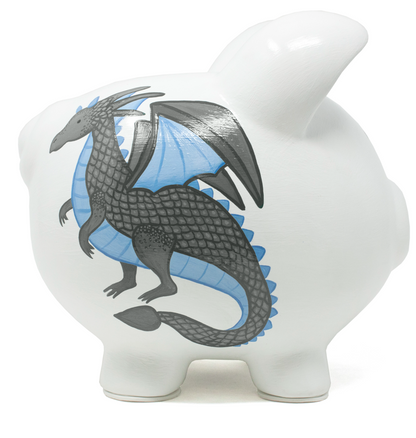 Opposite side view of piggy bank displaying detailed handpainted blue-winged dragon with black scales