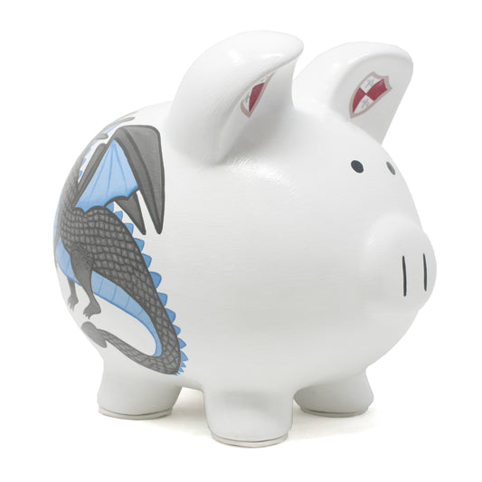 Side view of white piggy bank with handpainted mythical dragon featuring blue wings and black scales