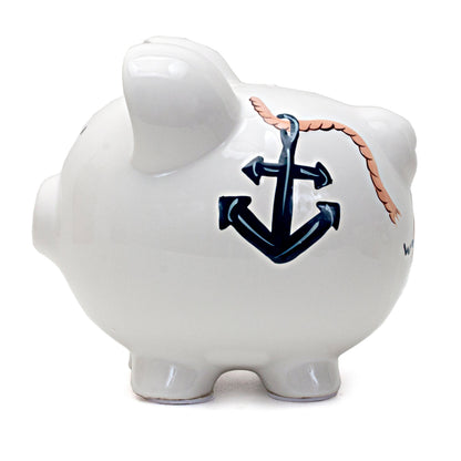 Opposite side of piggy bank with handpainted black anchor and rope detail