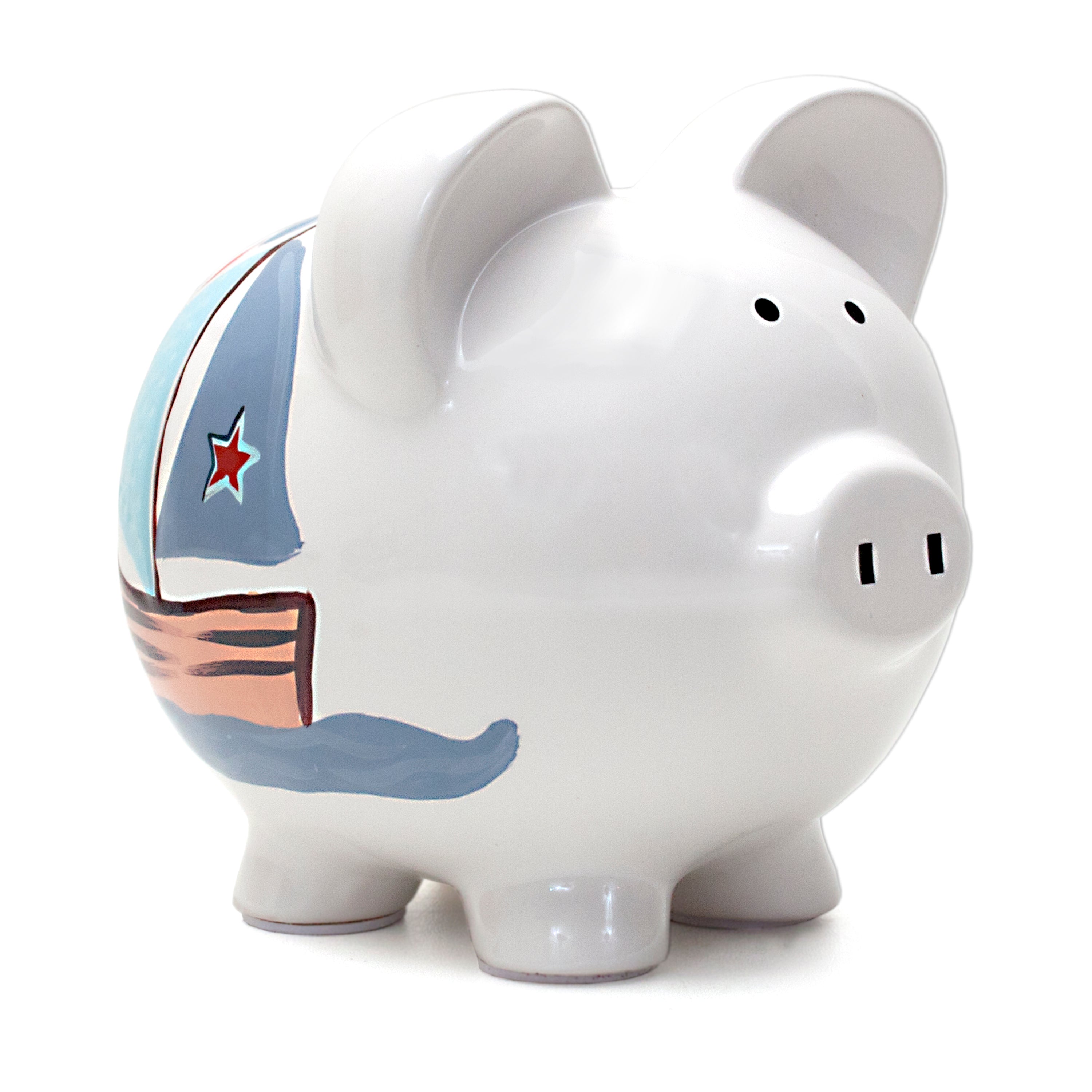 White ceramic piggy bank with handpainted sailboat and red star on side