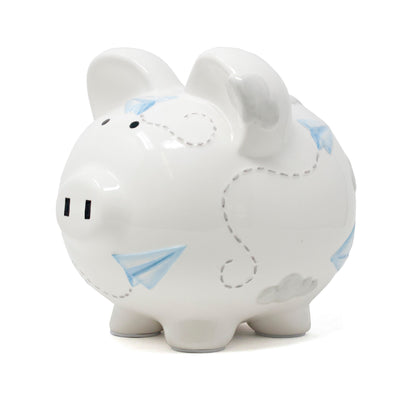 Right rear angle of piggy bank showing handpainted paper airplanes and clouds on glossy ceramic