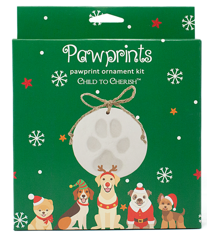 Box of Pawprint ornament kit with green holiday-themed packaging featuring cartoon dogs and snowflakes
