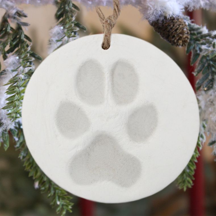 White round pawprint ornament hanging from twine on a snowy pine tree branch